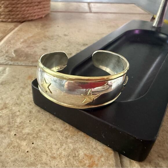 Mexico Sterling Silver Two Tone Star Cuff Bracelet - Picture 7 of 13